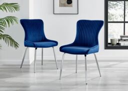 FurnitureboxUK Set of 2 Nora Deep Padded Luxurious Dining Chairs Upholstered In Soft Velvet With Chrome Legs in Blue