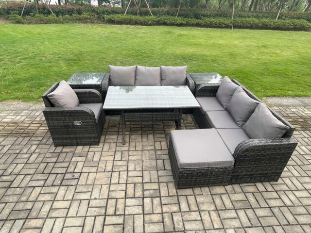 Fimous 8 Seater Rattan Garden Furniture Set Oblong Rectangular Dining Table & Chairs Set with 3 Seater Sofa 2 Side Tables Big Footstool in Dark Grey - image 1