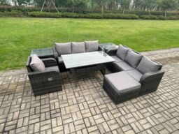 Fimous 8 Seater Rattan Garden Furniture Set Oblong Rectangular Dining Table & Chairs Set with 3 Seater Sofa 2 Side Tables Big Footstool in Dark Grey - thumbnail 2