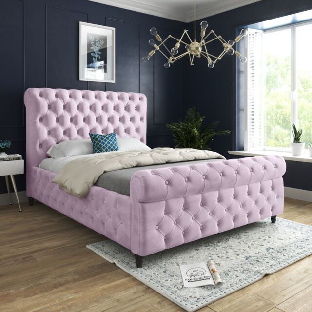 Casani Savana Sleigh Upholstered Soft Velvet Bed Frame in Pink - Size: Small Double - image 1
