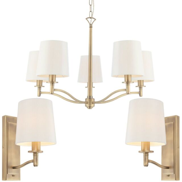 Loops 5 Bulb Ceiling Pendant Lamp & 2x Matching Wall Light Matt Antique Brass & Shade in Metallics - image 1