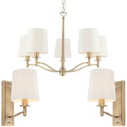 Loops 5 Bulb Ceiling Pendant Lamp & 2x Matching Wall Light Matt Antique Brass & Shade in Metallics