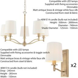 Loops 5 Bulb Ceiling Pendant Lamp & 2x Matching Wall Light Matt Antique Brass & Shade in Metallics - thumbnail 2