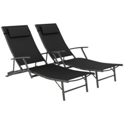 OUTSUNNY Set of 2 Garden Sun Loungers, Folding Chaise Lounge Chairs in Black - thumbnail 2