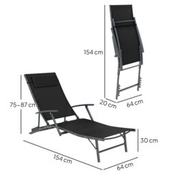 OUTSUNNY Set of 2 Garden Sun Loungers, Folding Chaise Lounge Chairs in Black - thumbnail 3