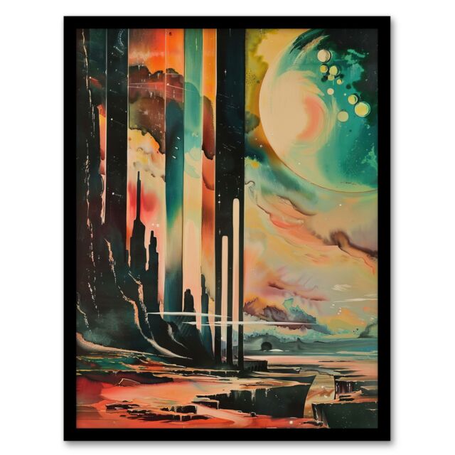 "Artery8 Retro Sci-Fi Cliff by Moon Artwork Galaxy Fantasy Framed Art Print - Size: W12"" x H16""" - image 1