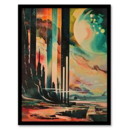 "Artery8 Retro Sci-Fi Cliff by Moon Artwork Galaxy Fantasy Framed Art Print - Size: W12"" x H16""" - thumbnail 1