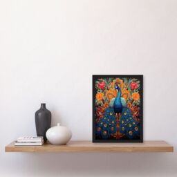 Artery8 Wall Art Print Royal Peacock Oil Painting Blue Orange Pink Exotic Bird Symmetrical Floral Portrait Artwork Framed - Size: A4 - thumbnail 4
