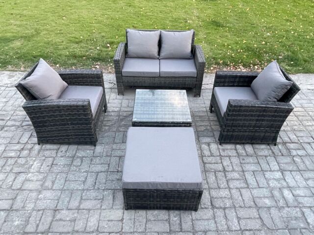 Fimous 5 PCS Outdoor Lounge Sofa Set Wicker PE Rattan Garden Furniture Set with Squar Coffee Table in Dark Grey