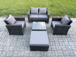 Fimous 5 PCS Outdoor Lounge Sofa Set Wicker PE Rattan Garden Furniture Set with Squar Coffee Table in Dark Grey - thumbnail 1