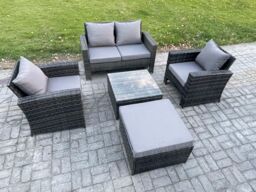 Fimous 5 PCS Outdoor Lounge Sofa Set Wicker PE Rattan Garden Furniture Set with Squar Coffee Table in Dark Grey - thumbnail 2