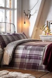 Dreams & Drapes 'Colville Check' 100% Brushed Cotton Duvet Cover Set in Plum - Size: King