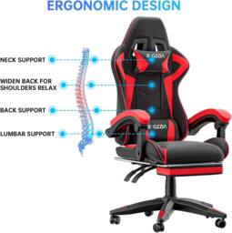 Gartistgo Ergonomic Gaming Chair with Lumbar Cushion & Footrest in Red - thumbnail 3