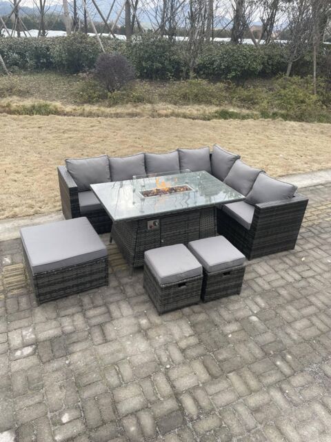 Fimous Rattan Corner Sofa Set Gas Firepit Dining Table Set Patio Heater Burner With Big Footstool Dark Grey Mixed 9 Seater - image 1