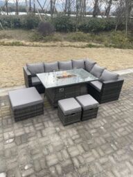 Fimous Rattan Corner Sofa Set Gas Firepit Dining Table Set Patio Heater Burner With Big Footstool Dark Grey Mixed 9 Seater - thumbnail 1