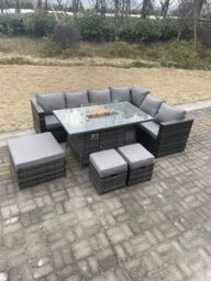 Fimous Rattan Corner Sofa Set Gas Firepit Dining Table Set Patio Heater Burner With Big Footstool Dark Grey Mixed 9 Seater - thumbnail 3