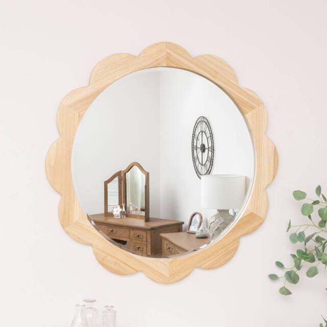 Melody Maison Large Light Wood Scalloped Edge Bevelled Wall Mirror - 97cm in Light Brown - image 1