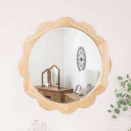 Melody Maison Large Light Wood Scalloped Edge Bevelled Wall Mirror - 97cm in Light Brown - thumbnail 1