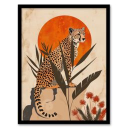 "Artery8 Wall Art Print Cheetah Perched on Rock Boho Sunset Sun Plants Art Framed Poster in Black - Size: W12"" x H16""" - thumbnail 1