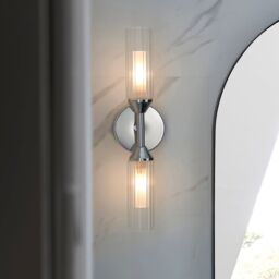 Loops Chrome Plated Twin Bathroom Wall Light - Ribbed Glass Shade & Frosted Diffuser in Clear - thumbnail 4