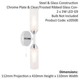 Loops Chrome Plated Twin Bathroom Wall Light - Ribbed Glass Shade & Frosted Diffuser in Clear - thumbnail 2