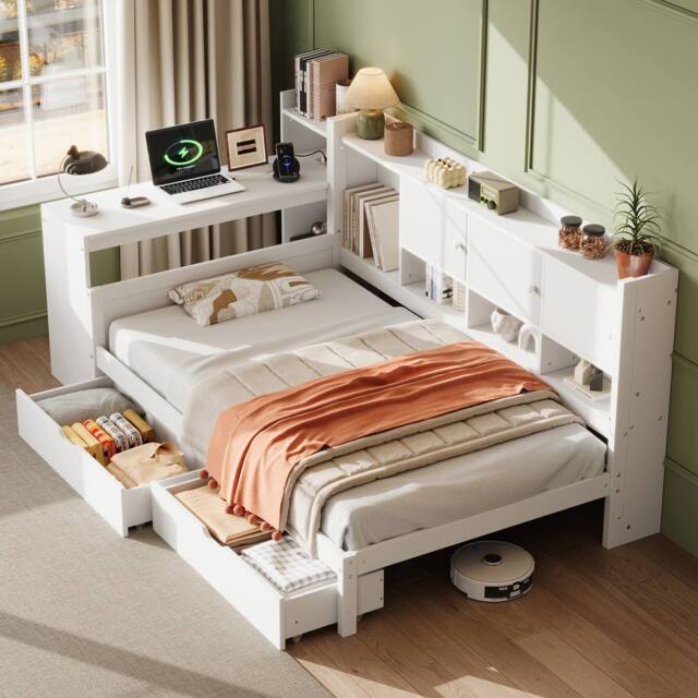 Merax 3ft Single White Wooden Daybed with Desk & Storage Drawers, Shelves - image 1