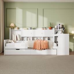 Merax 3ft Single White Wooden Daybed with Desk & Storage Drawers, Shelves - thumbnail 5