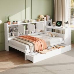 Merax 3ft Single White Wooden Daybed with Desk & Storage Drawers, Shelves - thumbnail 4