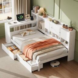 Merax 3ft Single White Wooden Daybed with Desk & Storage Drawers, Shelves - thumbnail 6
