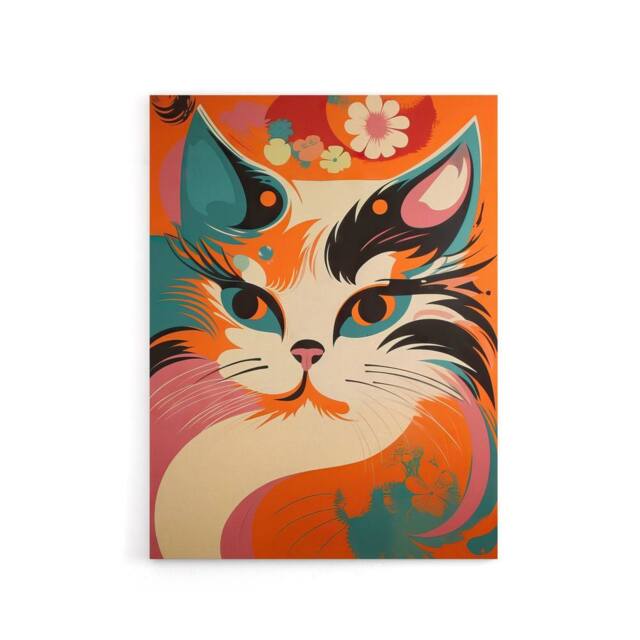 "Artery8 Cat Retro Boho Flower Power Floral Canvas Wall Art Print - Size: W18"" x H24""" - image 1