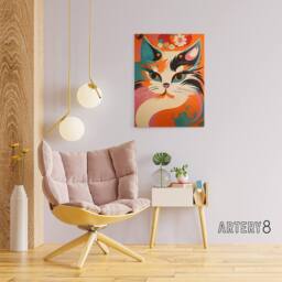 "Artery8 Cat Retro Boho Flower Power Floral Canvas Wall Art Print - Size: W18"" x H24""" - thumbnail 3