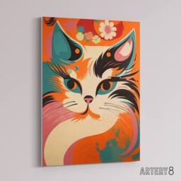 "Artery8 Cat Retro Boho Flower Power Floral Canvas Wall Art Print - Size: W18"" x H24""" - thumbnail 2