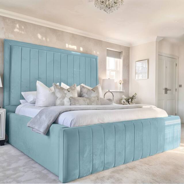 Living Comfort Bedz Geneva Upholstered Bed Frame with 54-inch Headboard - Slatted Base in Light Blue - Size: Single - image 1