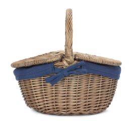 Red Hamper Wicker Small Antique Wash Finish Oval Picnic Basket with Cotton Lining in Blue - thumbnail 3