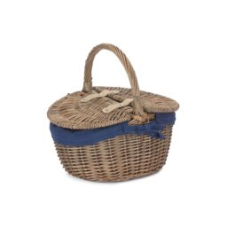 Red Hamper Wicker Small Antique Wash Finish Oval Picnic Basket with Cotton Lining in Blue