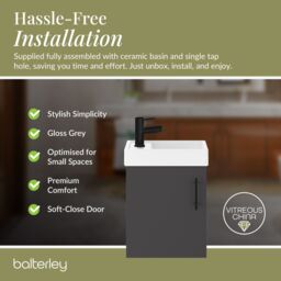 Balterley Wall Hung Vanity Basin 400mm Gloss Grey & Matt Black Handle - thumbnail 7