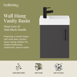 Balterley Wall Hung Vanity Basin 400mm Gloss Grey & Matt Black Handle - thumbnail 2