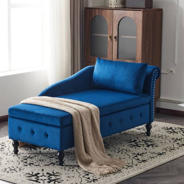 BTM Velvet Chaise Lounge with Storage & Pillow, Right Armrest in Blue - Size: 1 Pack - image 1