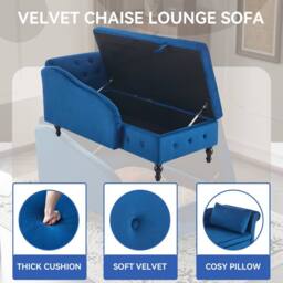 BTM Velvet Chaise Lounge with Storage & Pillow, Right Armrest in Blue - Size: 1 Pack - thumbnail 8