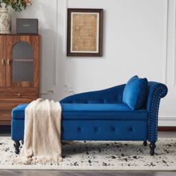BTM Velvet Chaise Lounge with Storage & Pillow, Right Armrest in Blue - Size: 1 Pack - thumbnail 2
