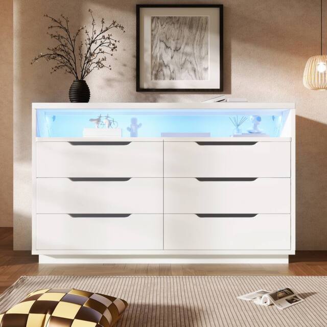 Merax LED Sideboard Chest of Drawers with Open Marbled Shelf & Drawers in White - image 1