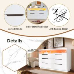 Merax LED Sideboard Chest of Drawers with Open Marbled Shelf & Drawers in White - thumbnail 3