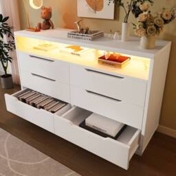 Merax LED Sideboard Chest of Drawers with Open Marbled Shelf & Drawers in White - thumbnail 6