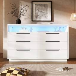 Merax LED Sideboard Chest of Drawers with Open Marbled Shelf & Drawers in White