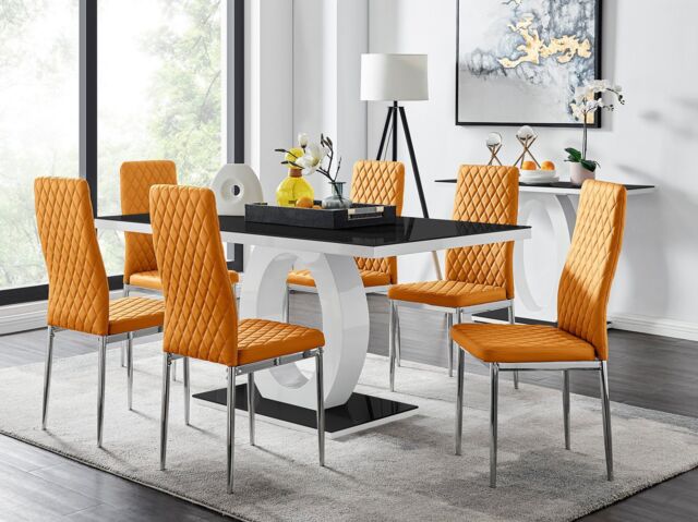 FurnitureboxUK Giovani Rectangular 6 Seat White High Gloss Unique Halo Dining Table Black Glass Top 6 Faux Leather Silver Leg Milan Chairs in Mustard - image 1