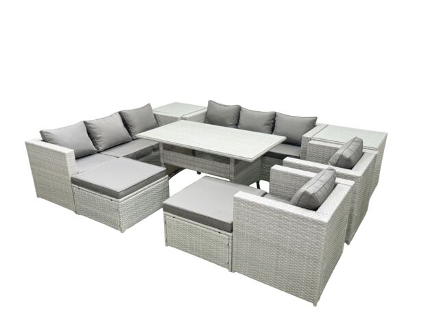 Fimous Rattan Garden Furniture Set Outdoor 8 Seater Patio Dinin g Sofa Sets with Dining Table 2 Chairs 2 Side Tables 2 Big Footstools Light Grey Mixed - image 1