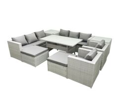 Fimous Rattan Garden Furniture Set Outdoor 8 Seater Patio Dinin g Sofa Sets with Dining Table 2 Chairs 2 Side Tables 2 Big Footstools Light Grey Mixed - thumbnail 1