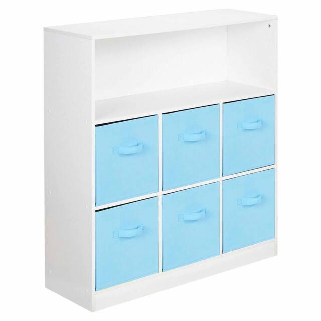 EONLION White 7-Cube Storage Unit, Wooden Shelf with Blue Drawers in Baby Blue - image 1
