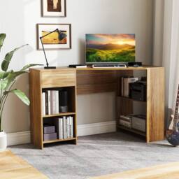 Havendro Compact Corner Executive Desk w Pill-out Drawer Open Shelve-Natural in Brown - thumbnail 4