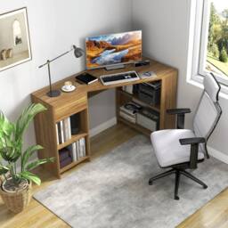 Havendro Compact Corner Executive Desk w Pill-out Drawer Open Shelve-Natural in Brown - thumbnail 3